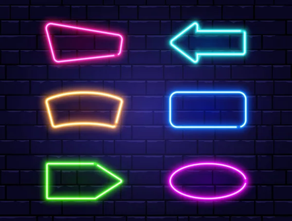 Neon pankartlar hazır. Duvardaki renkli neon çerçeveler. Gerçekçi parlayan gece tabelası. Parlak neon etkisi. Gece lambası reklamı. Vektör illüstrasyonu.