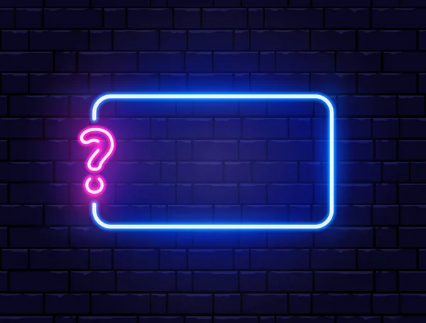 Neon sınav pankartı. Parlak soru işareti. Duvarda renkli neon pankart. Gerçekçi parlak gece tabelası. Parlak neon etkisi. Vektör illüstrasyonu.