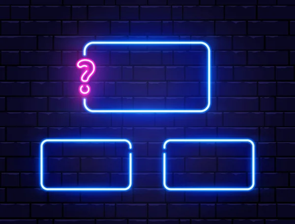 Quiz neon pankart seti. Parlak soru işareti. Duvardaki renkli neon çerçeveler. Gerçekçi parlak gece tabelası. Parlak neon etkisi. Vektör illüstrasyonu.
