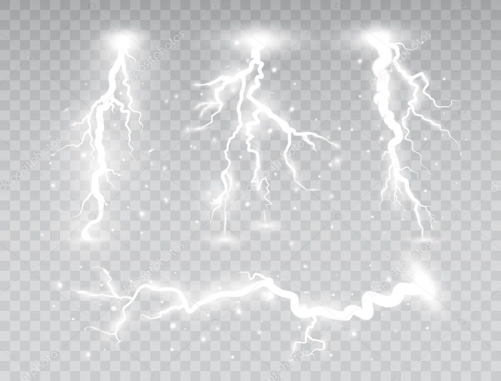 White lightnings set isolated on transparent background. Thunder storm collection design elements. Magic shining light effect. Electric explosion. Vector illustration.