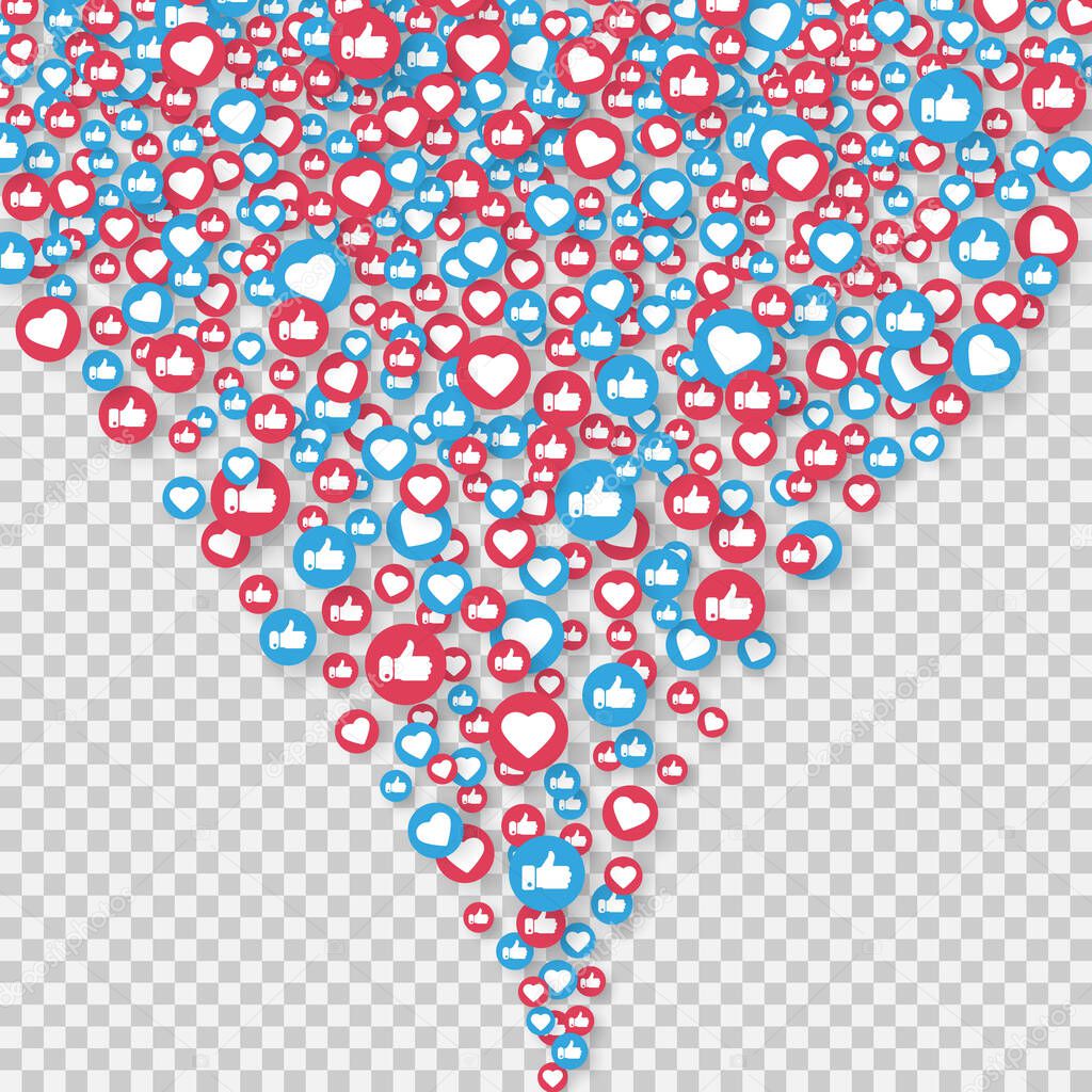 Social network symbol. Like and thumbs up icons isolated on transparent background. Counter notification icons. Social media elements. Emoji reactions. Vector illustration.