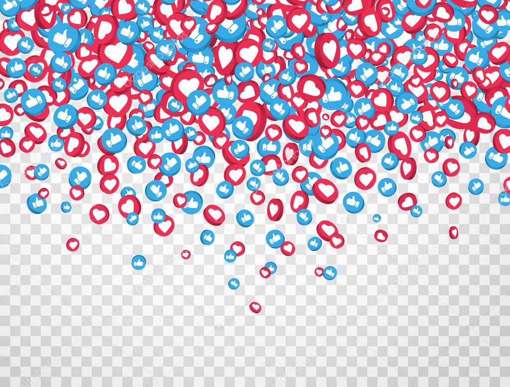 3d Like and thumbs up icons falling on transparent background. Live stream, video chat. Social network symbol. Counter notification icons. Social media elements. Emoji reactions. Vector illustration.