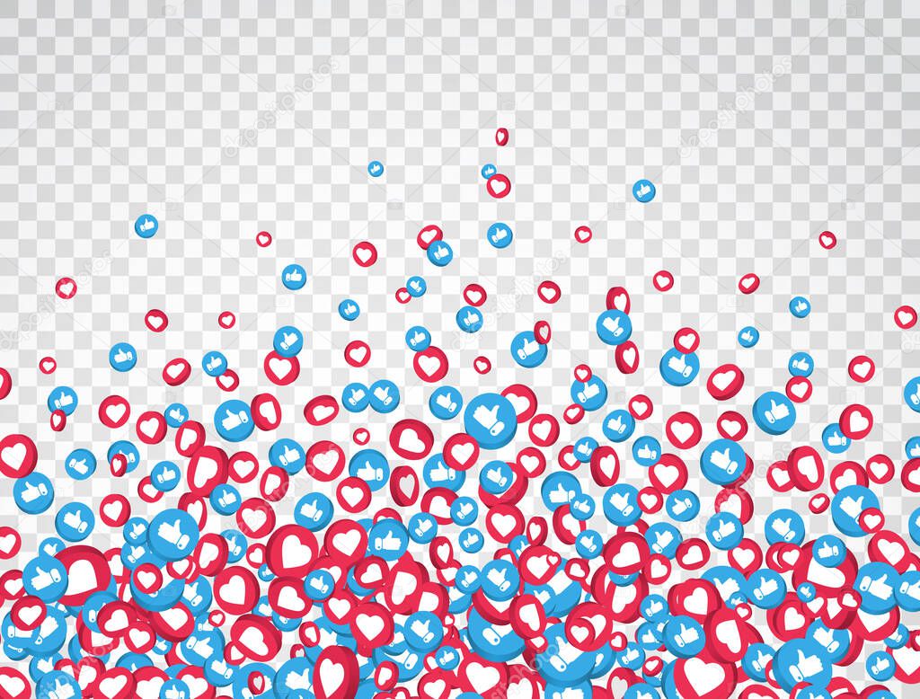 Like and thumbs up icons falling on transparent background. Live stream, video chat. 3d social network symbol. Counter notification icons. Social media elements. Emoji reactions. Vector illustration.