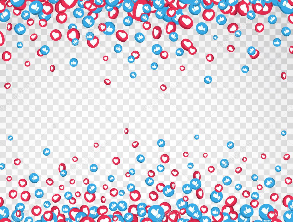 Like and thumbs up icons frame isolated on transparent background. 3d social network symbol. Counter notification icons. Social media elements. Emoji reactions. Vector illustration.