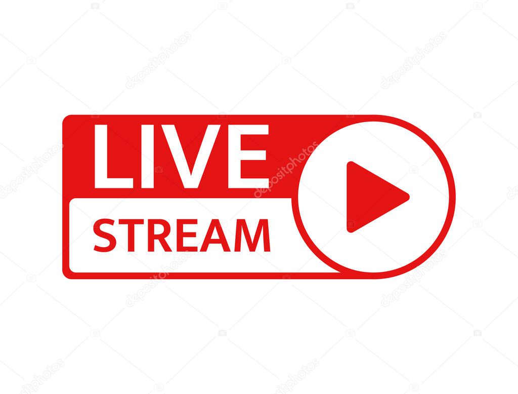 Live stream icon. Live streaming, video, news symbol on white background. Social media template. Broadcasting, online stream logo. Play button. Social network sign. Vector illustration.