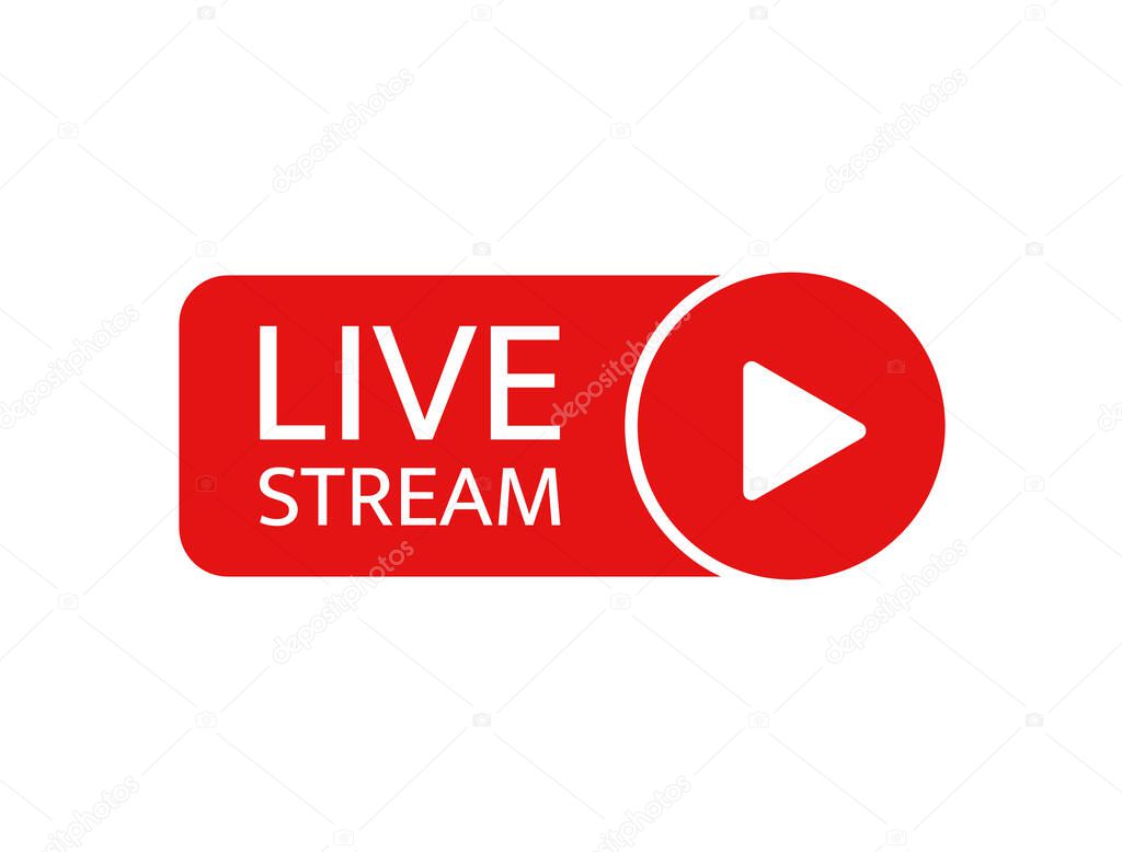Live stream sticker. Live streaming, video, news symbol on white background. Social media template. Broadcasting, online stream. Play button. Social network sign. Vector illustration.