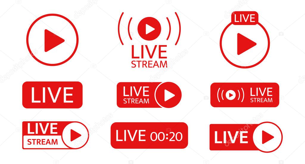 Live stream icon set. Social media template. Live streaming, video, news symbol on transparent background. Broadcasting, online stream. Play button. Social network sign. Vector illustration.