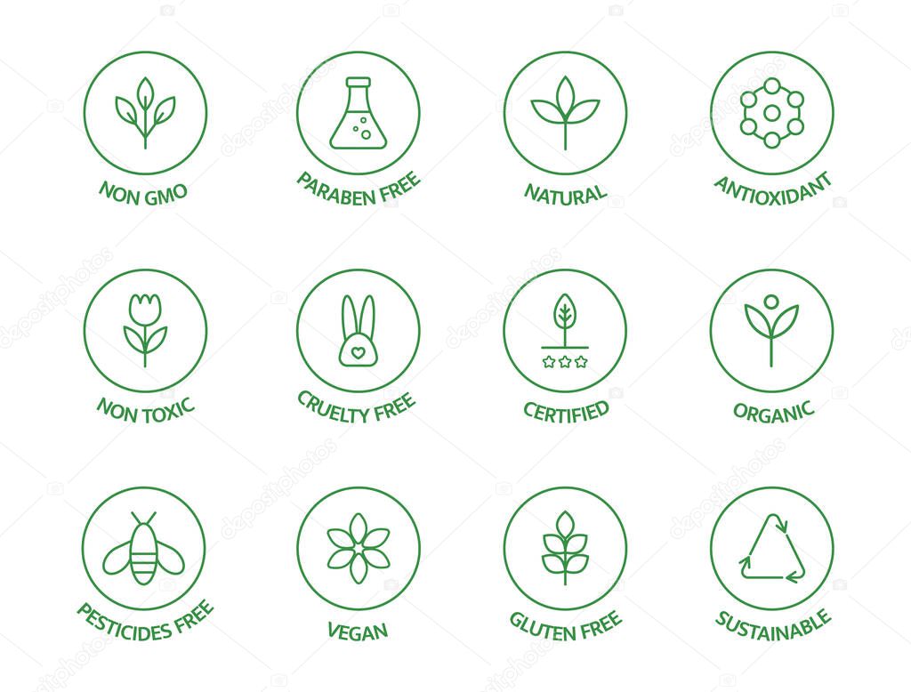 Organic cosmetic line icons set. GMO free emblems. Natural product badges. Product free allergen labels. Organic stickers. Healthy eating. Vegan, bio food. Vector illustration.
