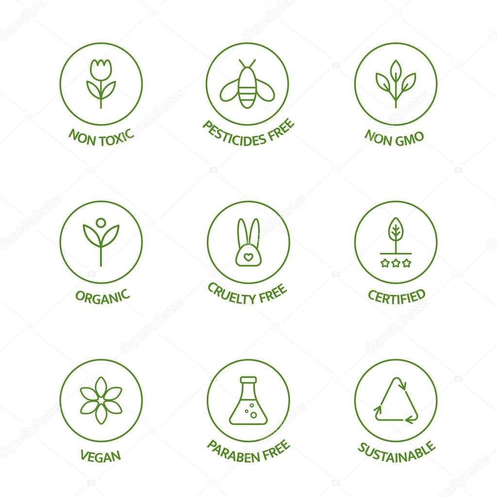 Organic stickers. GMO free emblems. Organic cosmetic line icons set. Natural product badges. Product free allergen labels. Healthy eating. Vegan, bio food. Vector illustration.