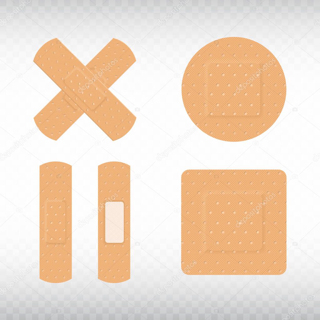 Medical adhesive plasters set on transparent background. First aid concept. Health care. Realistic medical tape,plaster, bandage, protection and care. Vector illustration.