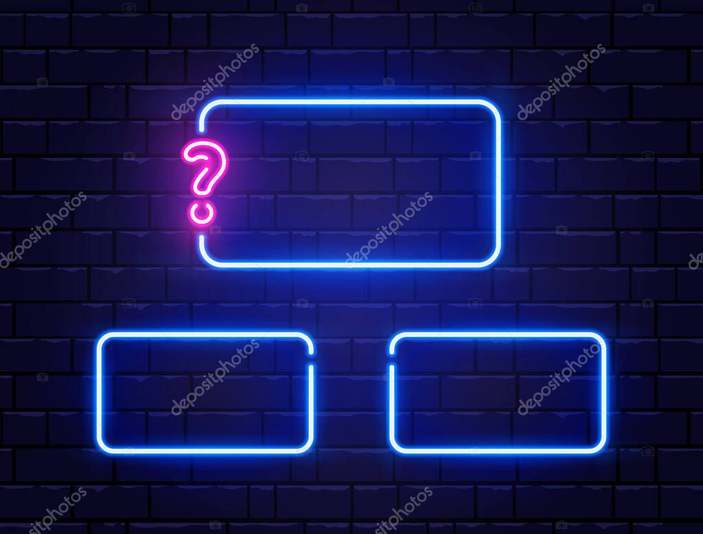 Quiz neon banner set. Glowing question mark. Color neon frames on brick wall. Realistic bright night signboard. Shining neon effect. Vector illustration.