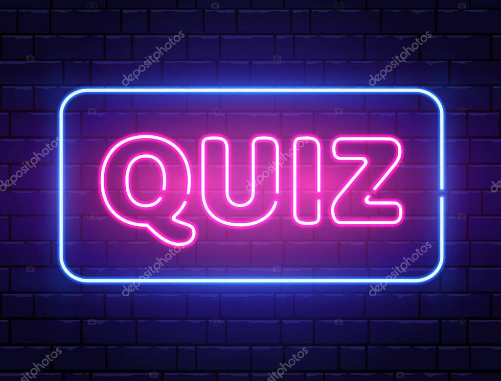 Quiz neon text banner on brick wall. Questions team game. Quiz night poster. Pub neon signboard. Night bright advertising. Vector illustration.