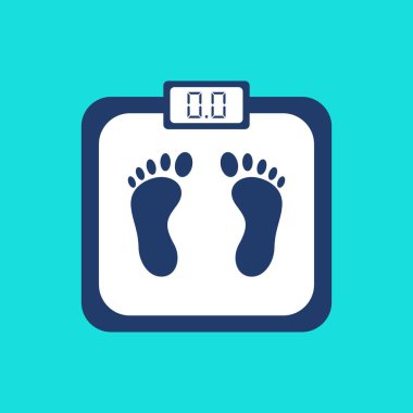 Mavi arka planda izole edilmiş ayak izi ve elektronik ekran olan ağırlık ölçeği. Banyo ölçekleri modern düz stil simgesi. Sağlık hizmetleri. Ağırlık kontrolü, diyet konsepti. Vektör illüstrasyonu.