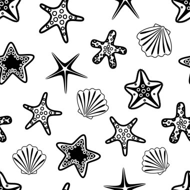 Siyah deniz kabukları ve deniz yıldızlarıyla kusursuz desen. Sualtı geçmişi. Vektör illüstrasyonu.