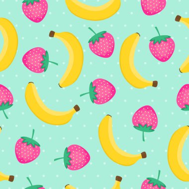 Sarı muzlu ve pembe çilekli kusursuz desen. Güzel vektör arkaplanı. Nane arkaplanında benekli meyve çizimi.