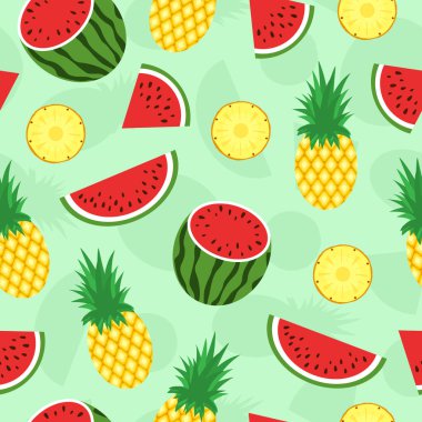 Tropikal meyveli kusursuz desen. Ananas ve karpuz arka planı. Tişört tekstil ambalajı için vektör tasarımı.