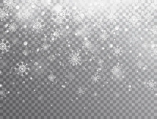 透明な背景に孤立した現実的な落下雪片 雪と冬の背景 白い雪片が空を飛んでいる 魔法の降雪テクスチャ クリスマスデザイン ベクターイラスト — ストックベクタ