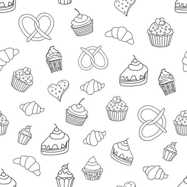 Naadloos Patroon Met Zoetigheden Taarten Cupcakes Ijs Bakkerijproducten Vector Illustratie — Stockvector