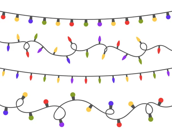 Renkli çelenk seti beyaz arkaplanda izole edilmiş. Noel parlak renkli ışıklar süslemesi. Xmas kartları, afişler, posterler, ağ için parlayan ampuller. Led neon lambası. Vektör illüstrasyonu