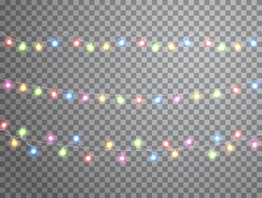 Şeffaf arkaplanda noel süsleri var. Led neon lamba dekorasyonu. Parlak renkli ampul. Noel kartları, afişler, posterler, web için parlak bir dekorasyon. Vektör illüstrasyonu