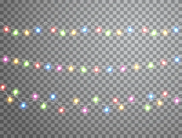 Guirlande de couleur de Noël lumières isolées sur fond transparent. LED décoration de lampe au néon. Ampoule de couleur brillante. Décoration lumineuse pour cartes de Noël, bannières, affiches, web. Illustration vectorielle — Image vectorielle