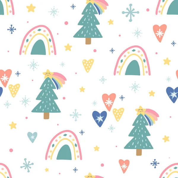 Kerst naadloos patroon met leuke grappige personages. Unieke decoratie met regenbogen, kerstboom, wolken, sneeuwvlokken, hartjes, zon en ballen. Trendy vakantie design elementen. Vectorillustratie — Stockvector