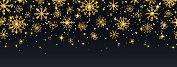 Koyu arkaplana düşen altın parıltılı kar taneleri. Altın kar taneleri, yıldızlar ve parlayan ışıklarla dolu bir bayram süsü. Lüks Noel çelengi sınırı. Kış dekorasyonu uzun afiş. Vektör illüstrasyonu