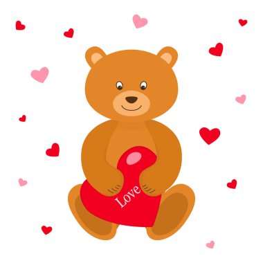 Kırmızı kalpli oyuncak ayı. Tebrik kartı. Sevgililer Günü. Vektör illüstrasyonu.