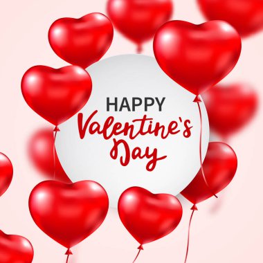 3D parlak kalp balonları ve el yazısıyla sevgililer günü afişi. Uçan kalp balonları. Kutlama tasarımı. Sevgililer günün kutlu olsun. Düğün davetiyesi. Vektör illüstrasyonu.