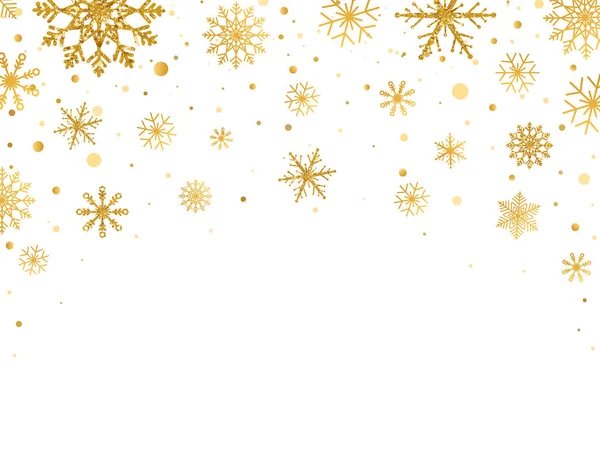 Beyaz zemine düşen altın kar taneleri. Farklı süslerle süslenmiş altın kar taneleri. Lüks Noel çelengi. Paketler, kartlar, davetiyeler için kış süsü. Vektör illüstrasyonu.