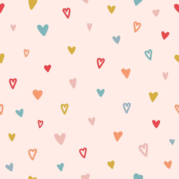 ハートシームレスパターン 色の手の心の質感を描いた バレンタインデーカード 異なる形状の色のドアの心 愛の象徴とロマンチックな壁紙のデザイン ベクターイラスト — ストックベクタ