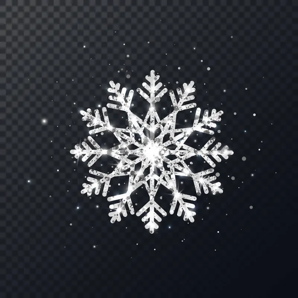 Fiocco Neve Glitter Argento Sfondo Trasparente Brillante Fiocco Neve Natale — Vettoriale Stock