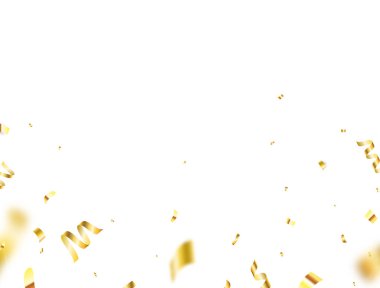 Beyaz arka planda altın konfeti sınırı. Parlak altın konfeti çerçevesi düşüyor. Parlak, altın renkli, gösterişli süsler. Parti arkaplanı. Web afişi, poster, broşür için tatil tasarımı öğeleri. Vektör illüstrasyonu
