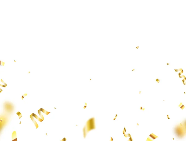 Golden konfetti gräns på vit bakgrund. Fallande glänsande guld konfetti ram. Ljusa gyllene festliga tinsel. Festbakgrund. Semesterdesign element för web banner, affisch, flygblad. Vektorillustration — Stock vektor