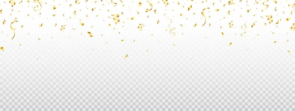 黄金のコンフェッティの長い旗。金のコンフェッティ・フレームだ。明るい飛行黄金のお祝いのティンセル。パーティーの豪華な背景。Webバナー、ポスター、チラシの休日のデザイン要素。ベクターイラスト — ストックベクタ