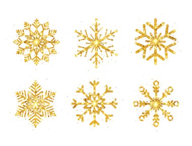 Beyaz arka planda altın parıltılı kar taneleri. Parlayan kar taneleri parıldıyor ve yıldız parlıyor. Noel ve Yeni Yıl tebrik kartı. Altın lüks tasarım unsuru. Tatil süsü. Vektör illüstrasyonu.