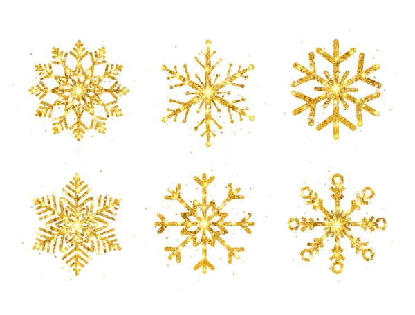 Gouden Glitter Sneeuwvlokken Witte Achtergrond Glanzende Sneeuwvlok Met Glitters Ster — Stockvector