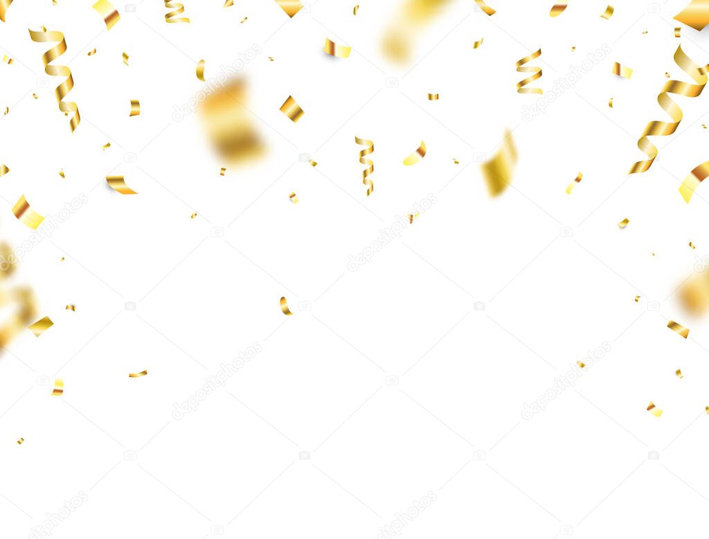 Gold confetti on white background. Falling shiny golden confetti frame. Bright golden festive tinsel. Luxury party backdrop. Holiday design elements for web banner, poster, flyer. Vector illustration.
