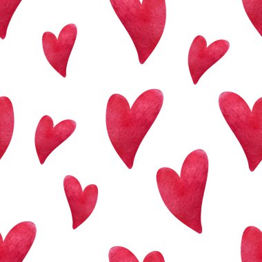 Suluboya kalp deseni. Beyaz arka planda elle boyanmış kalpler. Kutlama kartları, düğün, doğum günü, Sevgililer Günü, Anneler Günü için tasarım. Vektör illüstrasyonu.