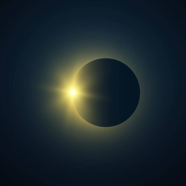 Güneş tutulması. Güneş tam tutulması ve Corona. Tam güneş tutulması fenomeni. Yıldız parlıyor. Uzay arkaplanı. Vektör İllüstrasyonu.