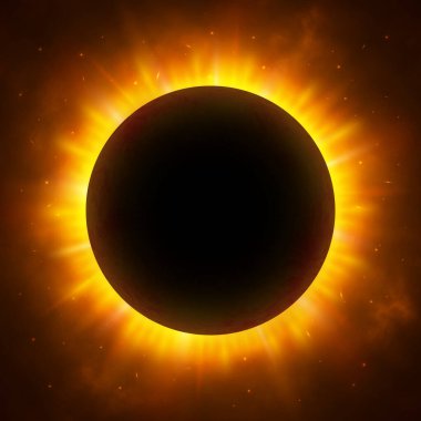 Total eclipse of the Sun with corona. Solar eclipse. Bright red star light shine from the edges of a planet. Space background. Vector Illustration. clipart