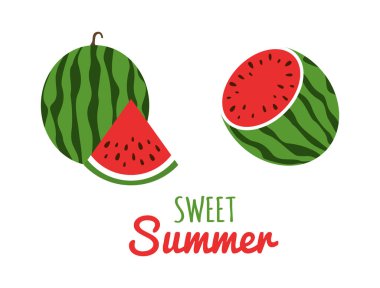 Düz bir karpuz ikonu. Meyve suyu karpuz seti. Kırmızı karpuz dilimleri. Tatlı tropik yaz arkaplanı. Vektör illüstrasyonu.