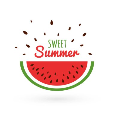 Beyaz arka planda izole edilmiş tohumlu karpuz dilimi. Parlak karpuzlu tatlı yaz konsepti. Yaz dönemi. Kırmızı karpuzlu duygusal baskı ve alıntı. Vektör illüstrasyonu.