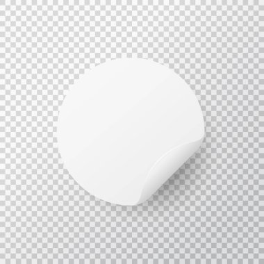 Şeffaf arkaplanda beyaz daire etiketi. Katlanmış kenarlı gerçekçi yuvarlak çıkartma. Kağıt etiket. Yapışkan not modeli. Vektör illüstrasyonu.