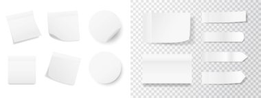 Şeffaf ve beyaz arkaplan üzerine beyaz etiket. Katlanmış kenarlı gerçekçi çıkartmalar. Kağıt etiketler ve etiketler. Yapışkan not modeli. Yapışkan çarşaflar. Vektör illüstrasyonu