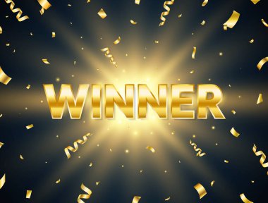 Winner golden text with explosion star and falling confetti. Bright congratulations banner. You are win. Winners team. Successful champions. The first place. Vector illustration clipart