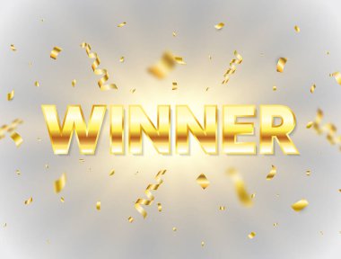 Parlayan ışık ve uçan konfetiyle kazanan altın metin. Patlama yıldızı arkaplanı. Parlak tebrik bayrağı. Sen kazandın. Kazanan takım. Başarılı şampiyonlar. Vektör illüstrasyonu