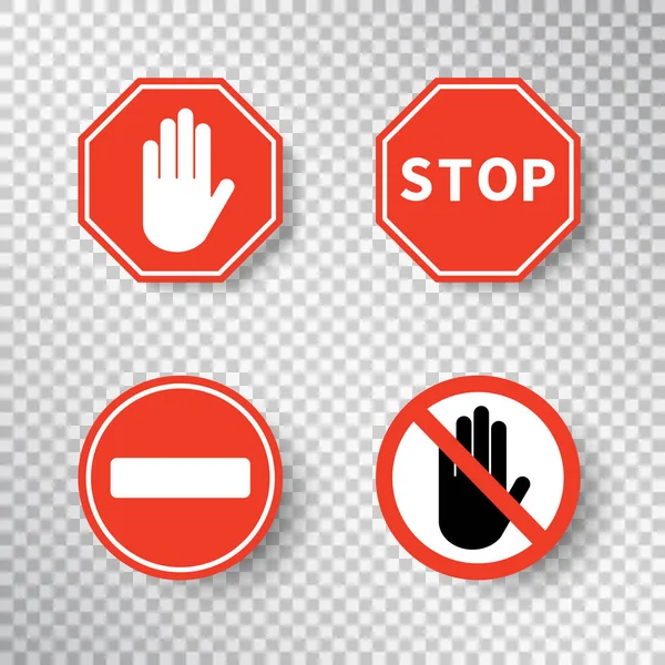 Stop Sign Entry Hand Symbol Set Isolated Transparent Background Red — Stock Vector