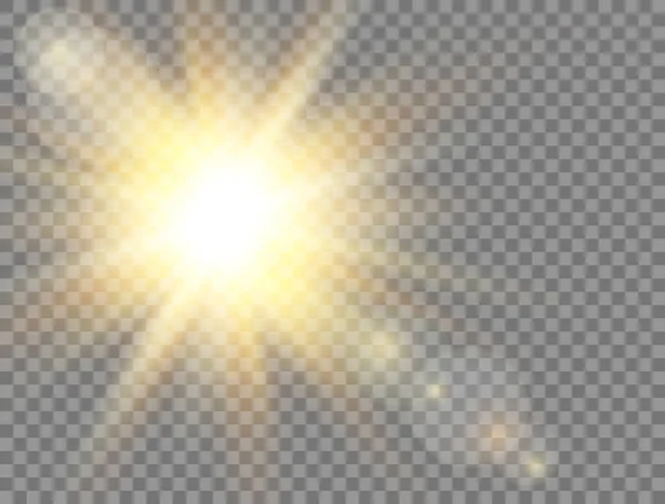 Solljus Gyllene Glödande Ljuseffekt Transparent Bakgrund Solsken Med Strålar Solljuslinsen — Stock vektor