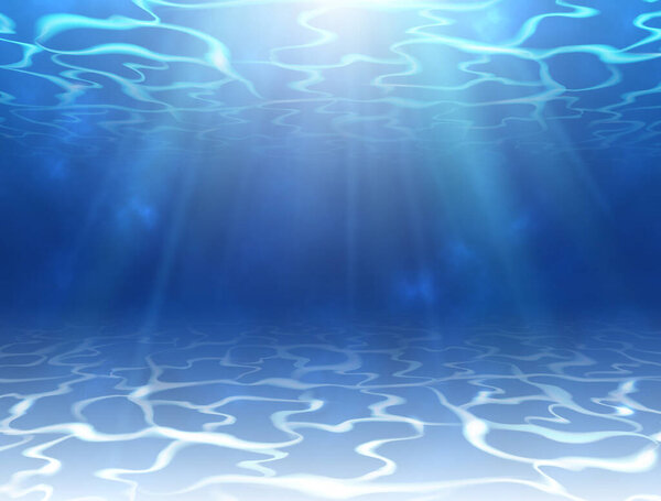 Realistic underwater design with ripple and waves. Underwater background with sunshine. Water surface. Vector illustration.